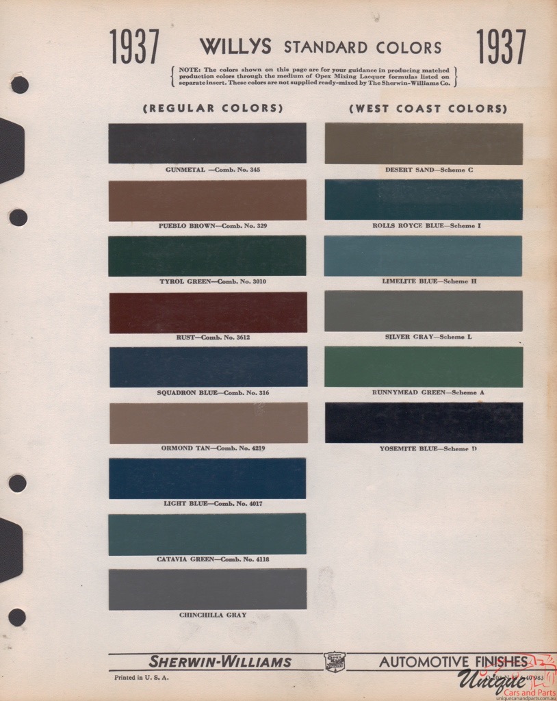 1937 Willys Paint Charts Williams 1